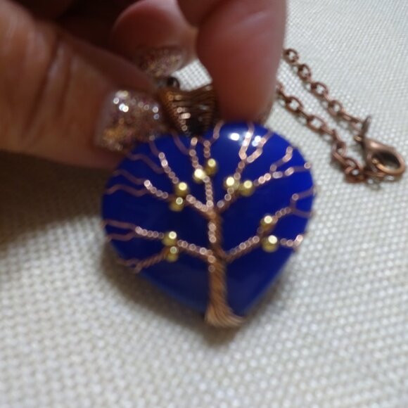 Beautiful BLUE CHALCEDONY HEART Handmade COPPER WIRE-WRAPPED Pendant/Chain #161C - Picture 2 of 3